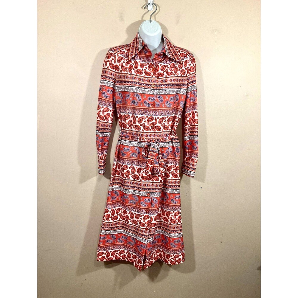 Saks Fifth Avenue Young Dimensions Belted Paisley Button Down Dress 8 Orange 70s
